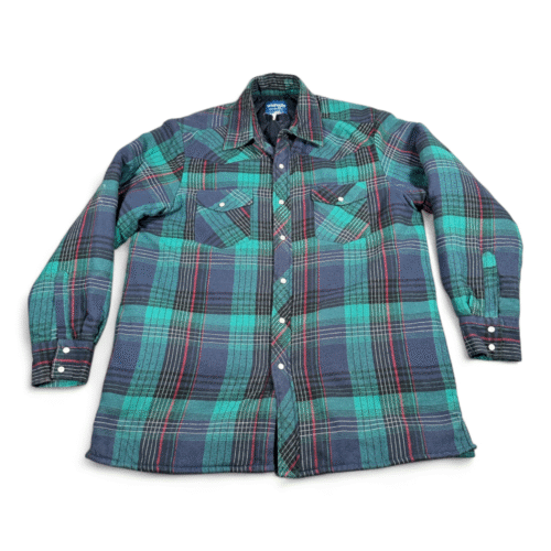 Vintage Wrangler Western Shirt Adult LARGE Blue Plaid Flannel Insulated 90s