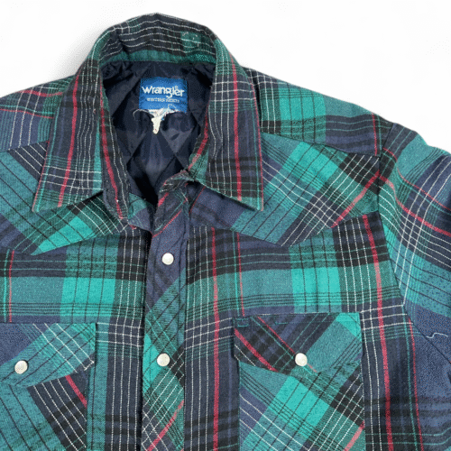 Vintage Wrangler Western Shirt Adult LARGE Blue Plaid Flannel Insulated 90s