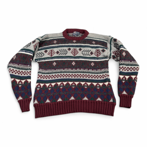 Vintage Lord Jeff Sweater Adult MEDIUM Red Gray Wool Fair Isle Chunky USA 80s