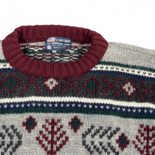 Vintage Lord Jeff Sweater Adult MEDIUM Red Gray Wool Fair Isle Chunky USA 80s