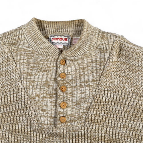 Vintage Campus Sweater Adult LARGE Brown Speckled Mock Neck Buttons Military 80s