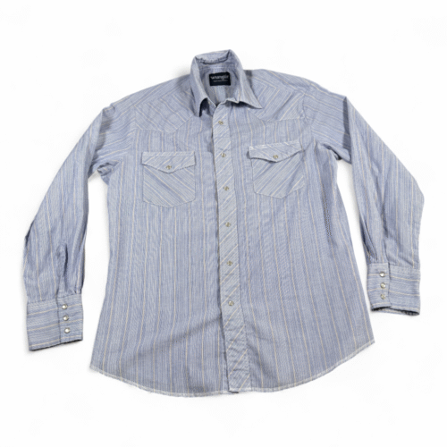 Vintage Wrangler Western Shirt Adult MEDIUM Blue White Pinstripe Cowboy Y2K