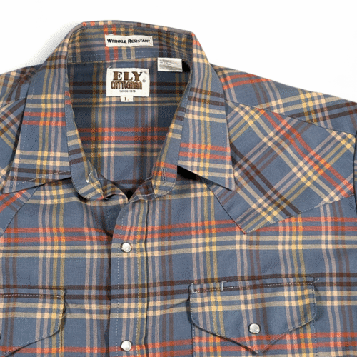 Vintage Ely Cattleman Western Shirt Adult LARGE Blue Plaid Pearl Snap Cowboy 90s