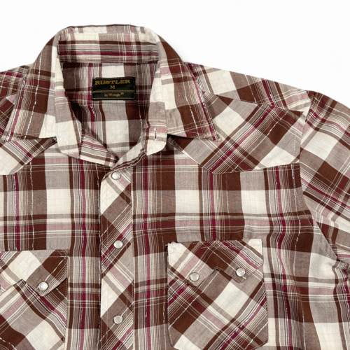 Vintage Rustler Western Shirt Adult MEDIUM Brown Silver Plaid Pearl Snap 80s
