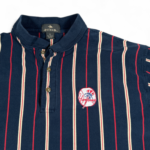 Vintage New York Yankees Polo Shirt Adult EXTRA LARGE Blue Striped Logo MLB 90s