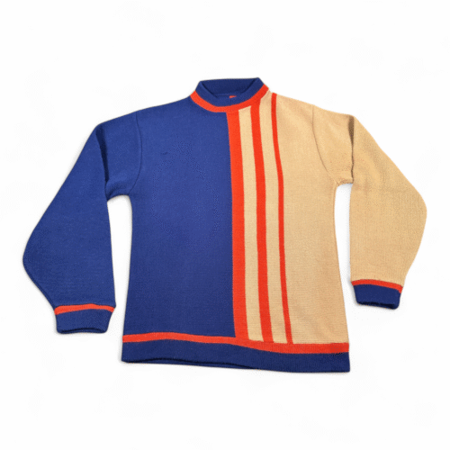 Vintage Mod Sweater Adult SMALL Blue Brown Colorblock Striped Deco Disco 70s