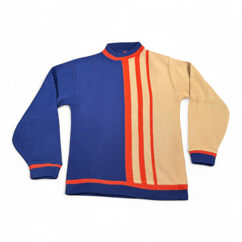 Vintage Mod Sweater Adult SMALL Blue Brown Colorblock Striped Deco Disco 70s-1 Vintage Mod Sweater Adult SMALL Blue Brown Colorblock Striped Deco Disco 70s