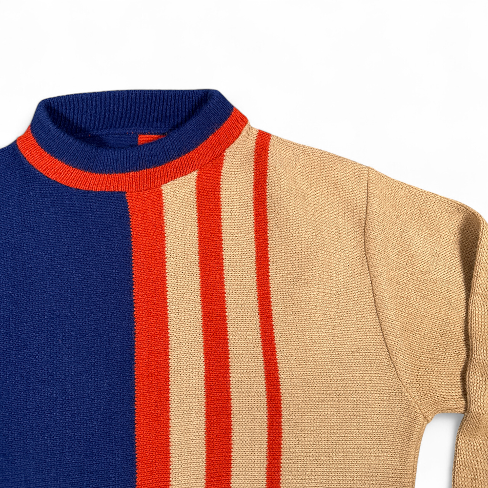 Vintage Mod Sweater Adult SMALL Blue Brown Colorblock Striped Deco Disco 70s-2 Vintage Mod Sweater Adult SMALL Blue Brown Colorblock Striped Deco Disco 70s