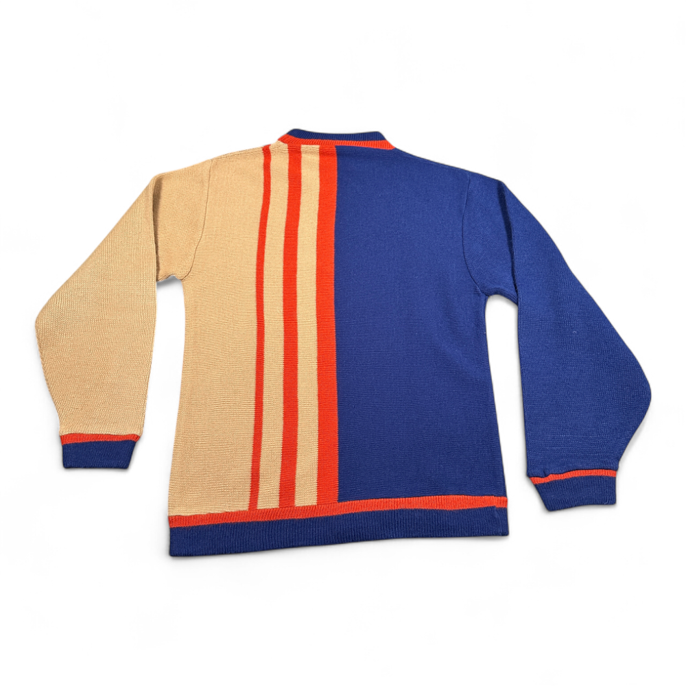Vintage Mod Sweater Adult SMALL Blue Brown Colorblock Striped Deco Disco 70s-3 Vintage Mod Sweater Adult SMALL Blue Brown Colorblock Striped Deco Disco 70s
