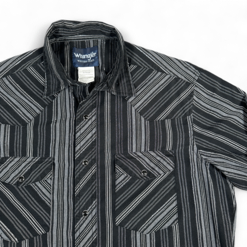 Wrangler Western Shirt Adult MEDIUM Black Gray Silver Striped Pearl Snap Cowboy
