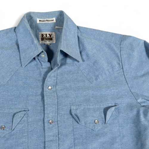 Vintage Ely Cattleman Western Shirt Adult SMALL Blue Chambray Cowboy Pearl Snap