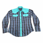 Vintage Western Shirt Adult LARGE Green Purple Plaid Handmade Cowboy USA 80s