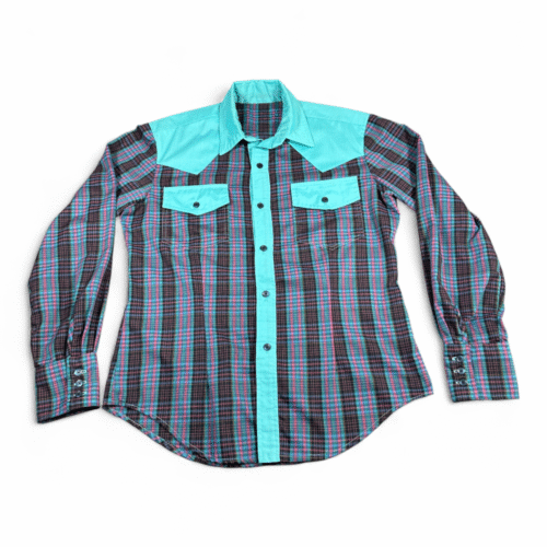 Vintage Western Shirt Adult LARGE Green Purple Plaid Handmade Cowboy USA 80s