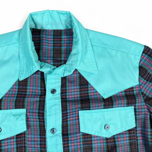 Vintage Western Shirt Adult LARGE Green Purple Plaid Handmade Cowboy USA 80s