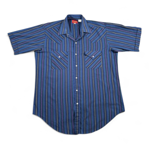 Vintage Ely Plains Western Shirt Adult MEDIUM Blue Striped Cowboy Pearl Snap Y2K