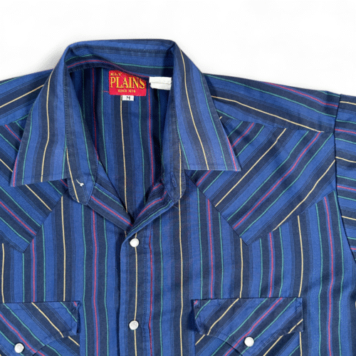 Vintage Ely Plains Western Shirt Adult MEDIUM Blue Striped Cowboy Pearl Snap Y2K