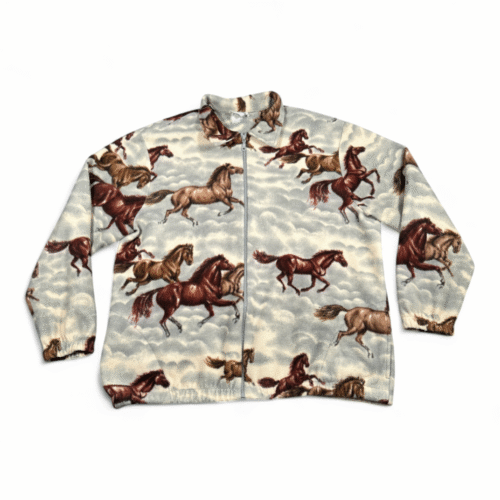 Vintage Horses Jacket Womens 2X Brown Gray Fleece Western Bon Worth Zip 90s