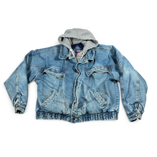 Vintage Jean Jacket Adult LARGE Blue Denim Quilted Hooded Blanket Lined 90s