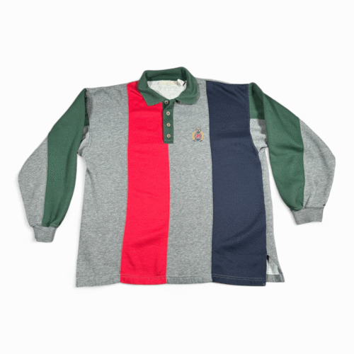 Vintage Bugle Boy Sweater Adult LARGE Gray Colorblock Sweatshirt Polo Crest 90s