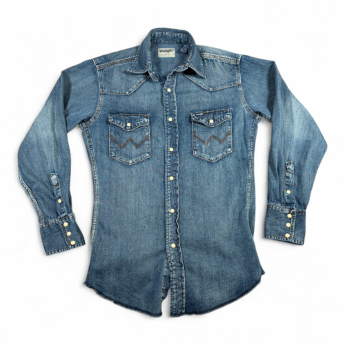 Wrangler Western Shirt Adult SMALL Blue Denim Dark Wash Pearl Snap Cowboy