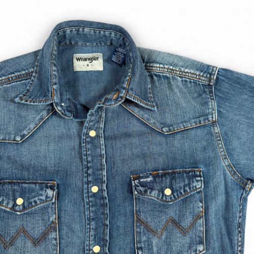 Wrangler Western Shirt Adult SMALL Blue Denim Dark Wash Pearl Snap Cowboy