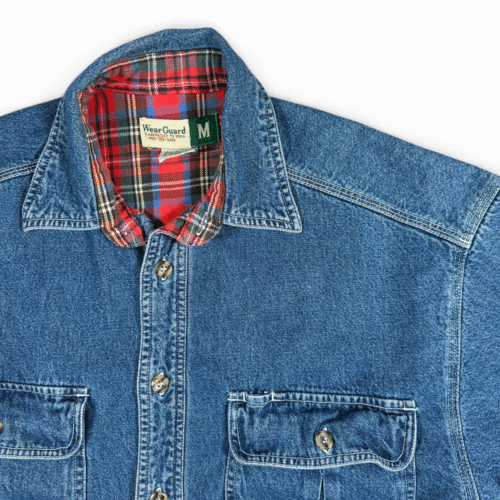 Vintage WearGuard Shirt Adult MEDIUM Blue Denim Plaid Flannel Lined Workwear 90s