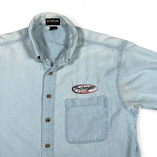 Vintage Boyd Coddingtons Garage Shirt Adult MEDIUM Blue Chambray Mechanic Y2K