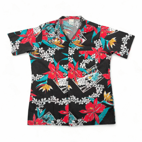 Vintage Shore Things Hawaiian Shirt Adult MEDIUM Black Floral Hibiscus USA 80s