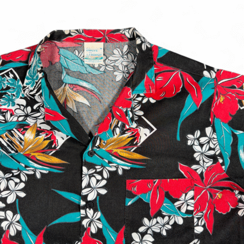 Vintage Shore Things Hawaiian Shirt Adult MEDIUM Black Floral Hibiscus USA 80s