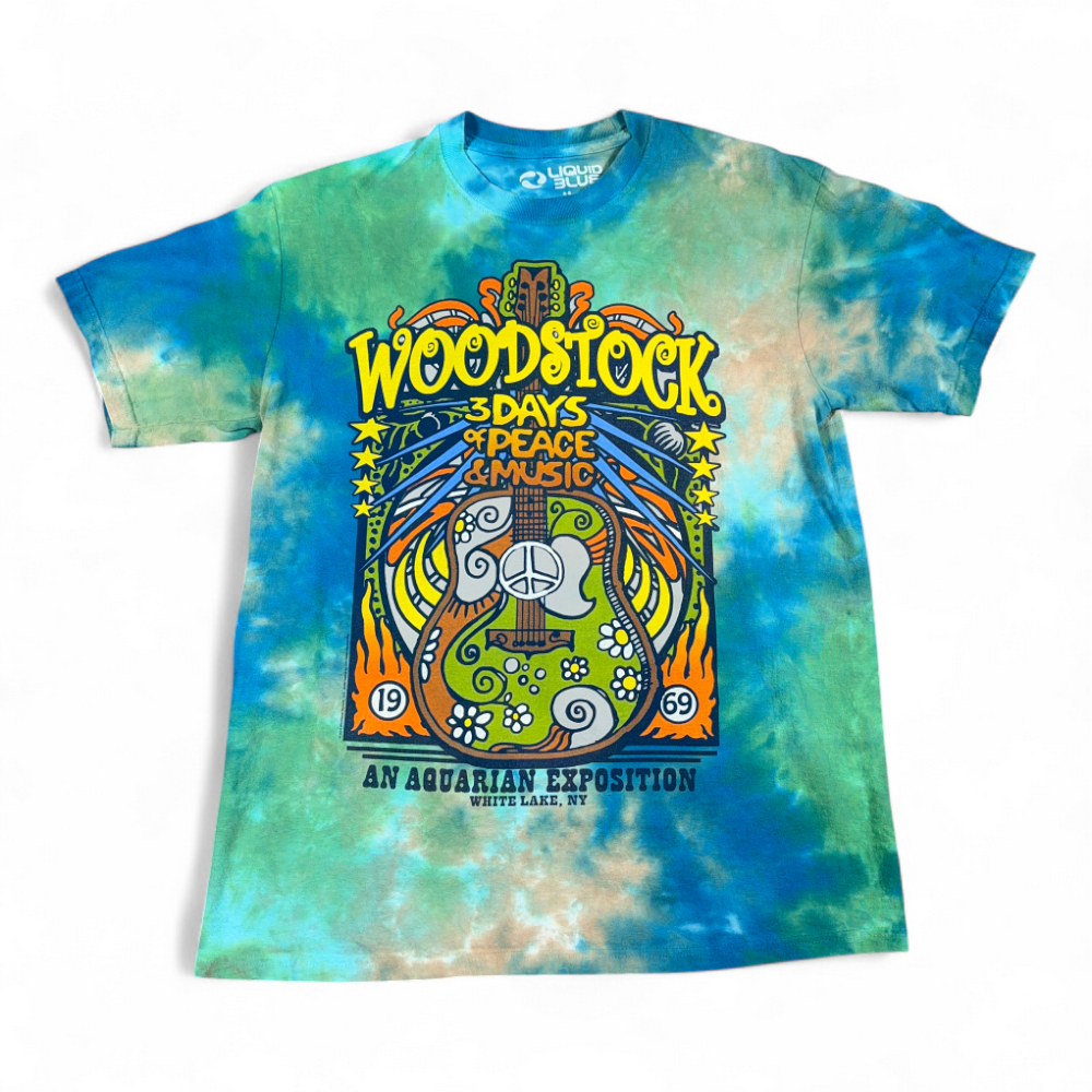 Woodstock Shirt Adult MEDIUM Green Liquid Blue Tie Dye Bands Music Festival 1969-1 Woodstock Shirt Adult MEDIUM Green Liquid Blue Tie Dye Bands Music Festival 1969