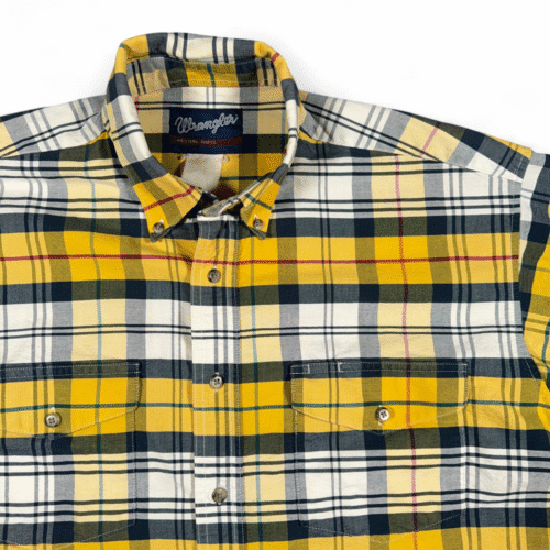 Vintage Wrangler Western Shirt Adult LARGE Yellow Blue Plaid Button Cowboy 80s-2 Vintage Wrangler Western Shirt Adult LARGE Yellow Blue Plaid Button Cowboy 80s