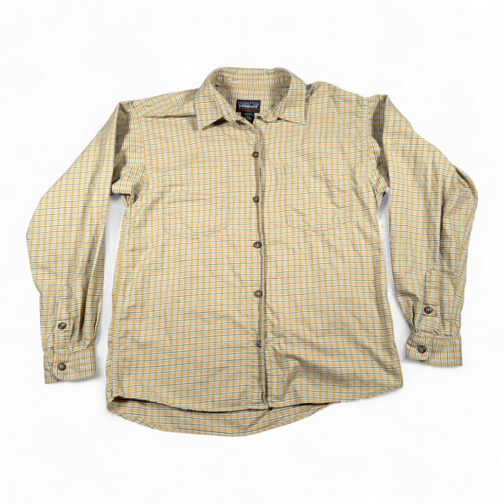 Patagonia Shirt Womens MEDIUM Yellow Green Plaid Organic Cotton Outdoor 90s-1 Patagonia Shirt Womens MEDIUM Yellow Green Plaid Organic Cotton Outdoor 90s