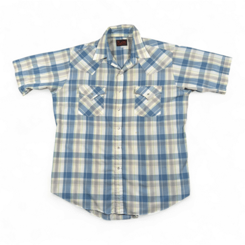 Vintage Plains Western Shirt Adult LARGE Blue Green Plaid Pearl Snap Cowboy 90s