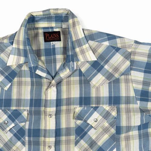 Vintage Plains Western Shirt Adult LARGE Blue Green Plaid Pearl Snap Cowboy 90s-2 Vintage Plains Western Shirt Adult LARGE Blue Green Plaid Pearl Snap Cowboy 90s