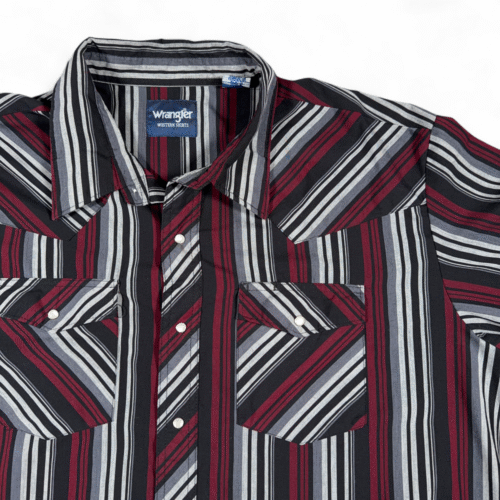 Wrangler Western Shirt Adult 2XL XXL Black Red Silver Striped Pearl Snap Cowboy-2 Wrangler Western Shirt Adult 2XL XXL Black Red Silver Striped Pearl Snap Cowboy