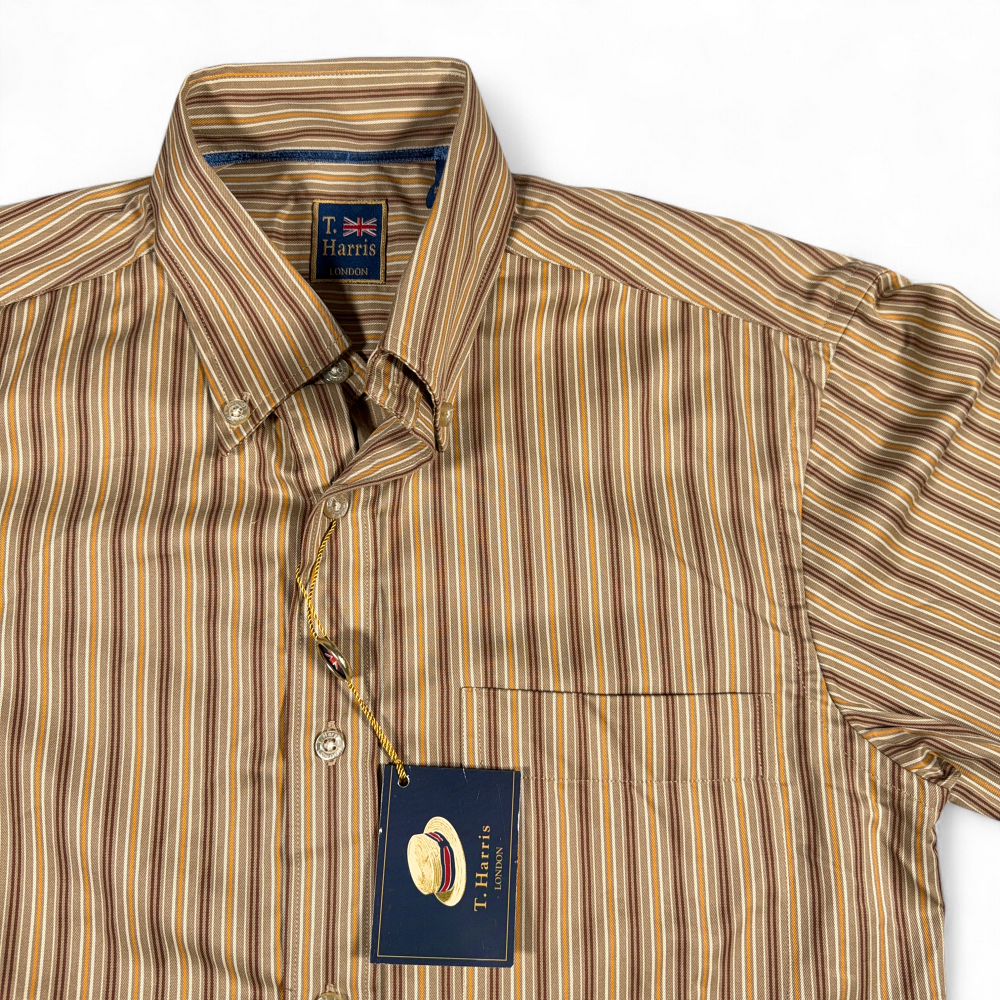 T Harris London Shirt Adult SMALL Brown Yelloiw Cotton Striped Button Down Tags-2 T Harris London Shirt Adult SMALL Brown Yelloiw Cotton Striped Button Down Tags