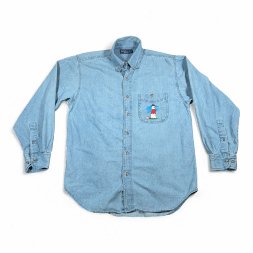 Vintage Lighthouses Shirt Adult MEDIUM Blue Chambray Jean Great Coastal 90s-2 Vintage Lighthouses Shirt Adult MEDIUM Blue Chambray Jean Great Coastal 90s