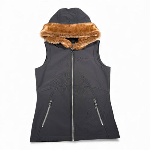Marmot Vest Womens SMALL Black Hooded Faux Fur Outdoor Gorpcore Softshell Hoodie