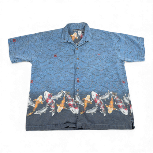 Vintage Koi Fish Shirt Adult 2XL Blue Japanese Seigaiha Waves No Boundaries Y2K