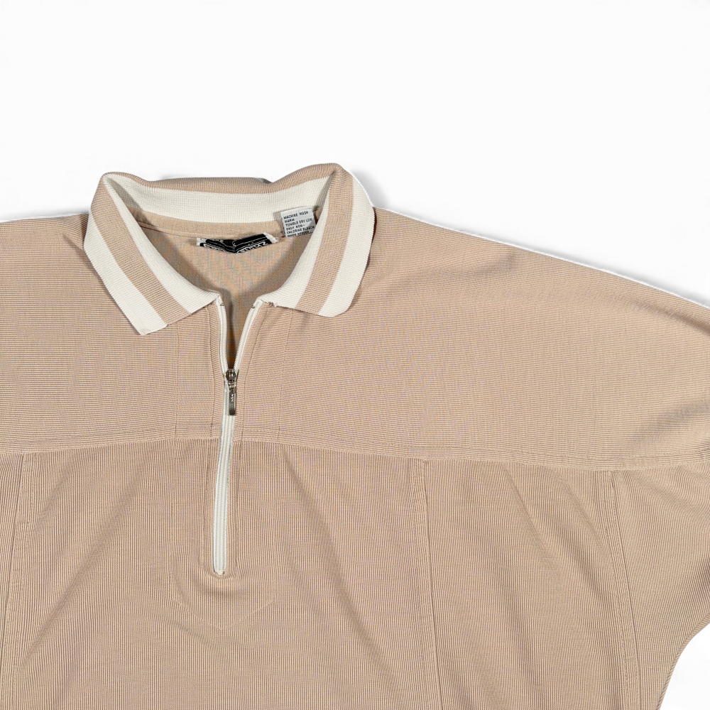 Vintage Expressions Polo Shirt Adult LARGE Brown Oatmeal Zip Neck White Trim 80s-2 Vintage Expressions Polo Shirt Adult LARGE Brown Oatmeal Zip Neck White Trim 80s