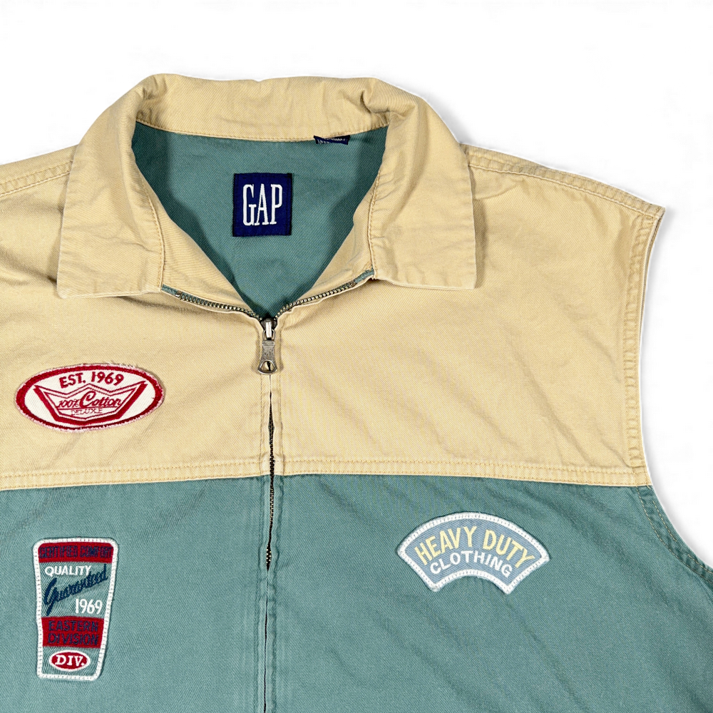 Vintage Gap Vest Adult MEDIUM Brown Green Color Block Mechanic Patches Work 90s-2 Vintage Gap Vest Adult MEDIUM Brown Green Color Block Mechanic Patches Work 90s