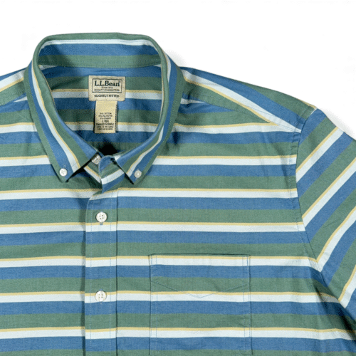 LL Bean Shirt Adult LARGE Blue Green Yellow Striped Fitted Stretch Outdoor-2 LL Bean Shirt Adult LARGE Blue Green Yellow Striped Fitted Stretch Outdoor