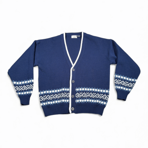 Vintage Sears Sweater Adult LARGE Blue Fair Isle Cardigan Mens Store Grandpa 90s