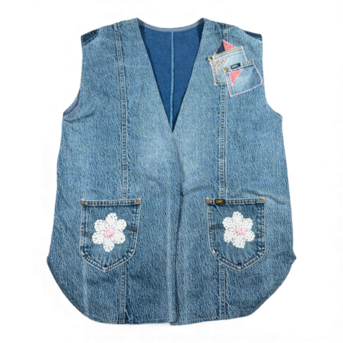 Vintage Lee Vest Womens EXTRA LARGE Blue Patched Upcycled Holly Hobbie Denim 80s