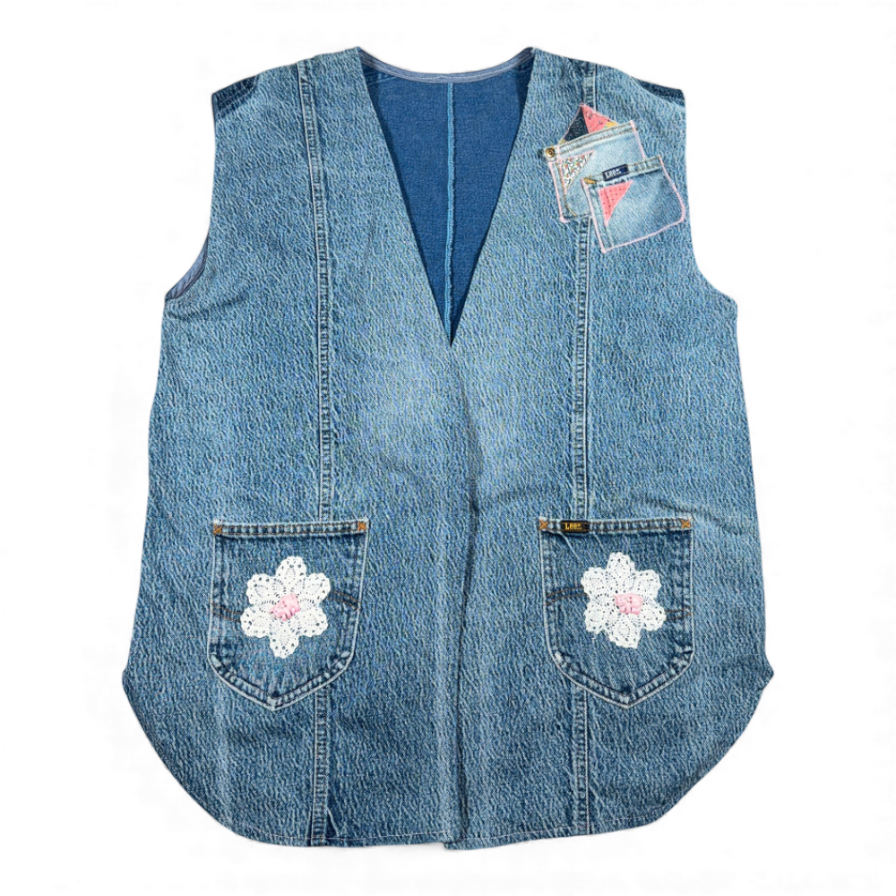 Vintage Lee Vest Womens EXTRA LARGE Blue Patched Upcycled Holly Hobbie Denim 80s-1 Vintage Lee Vest Womens EXTRA LARGE Blue Patched Upcycled Holly Hobbie Denim 80s