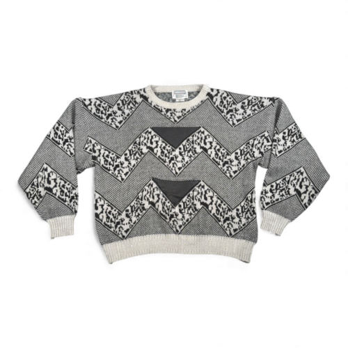 Vintage Giani Leone Sweater Adult 2XL Black White Acrylic Geometric Leather 80s