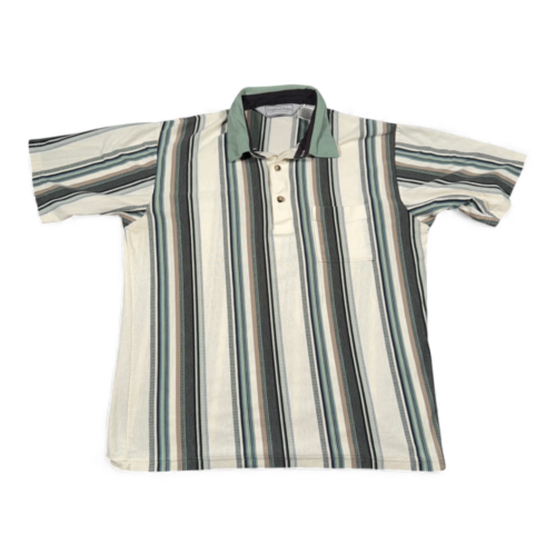 Vintage Tropical Palm Polo Shirt Adult LARGE White Black Green Striped 90s