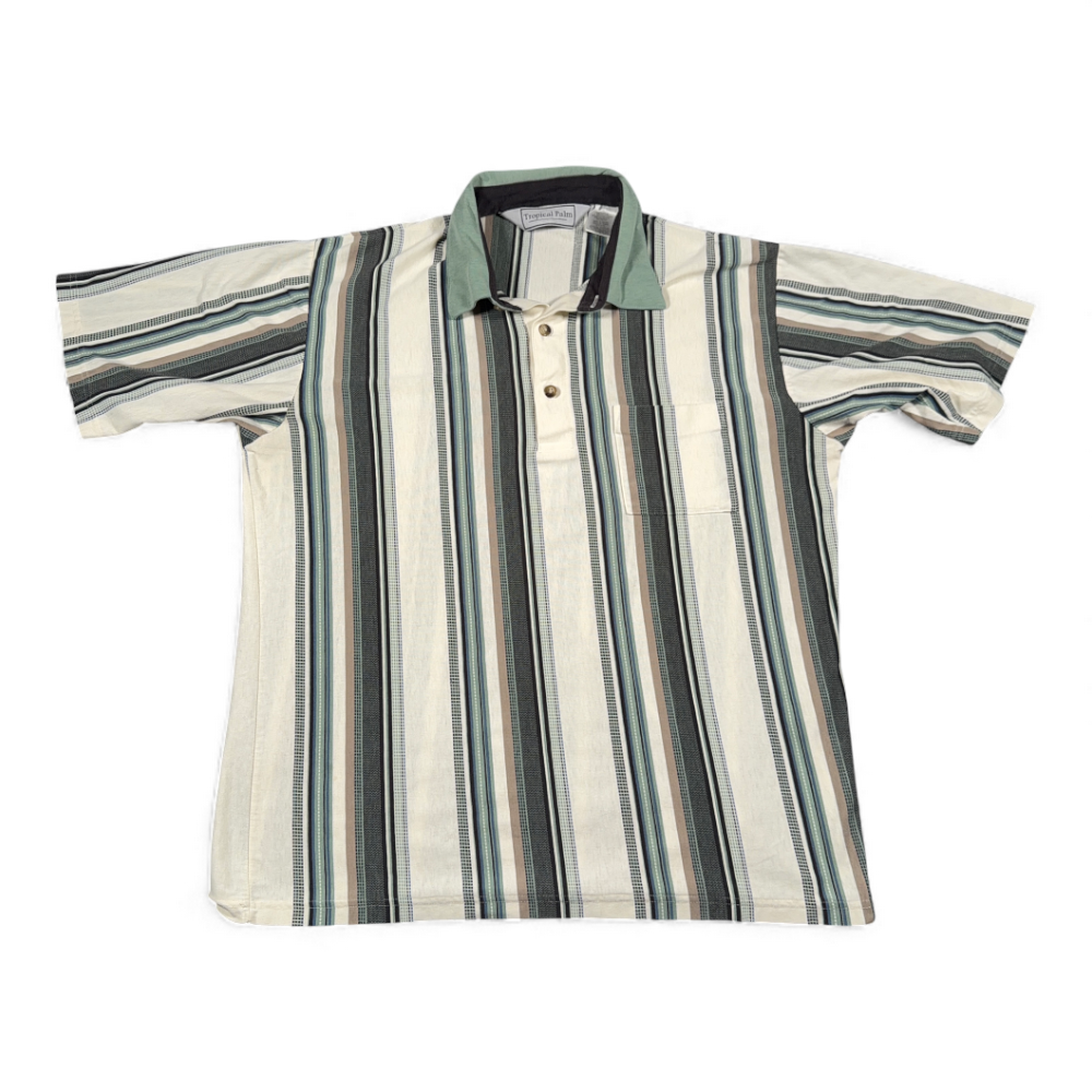 Vintage Tropical Palm Polo Shirt Adult LARGE White Black Green Striped 90s-1 Vintage Tropical Palm Polo Shirt Adult LARGE White Black Green Striped 90s