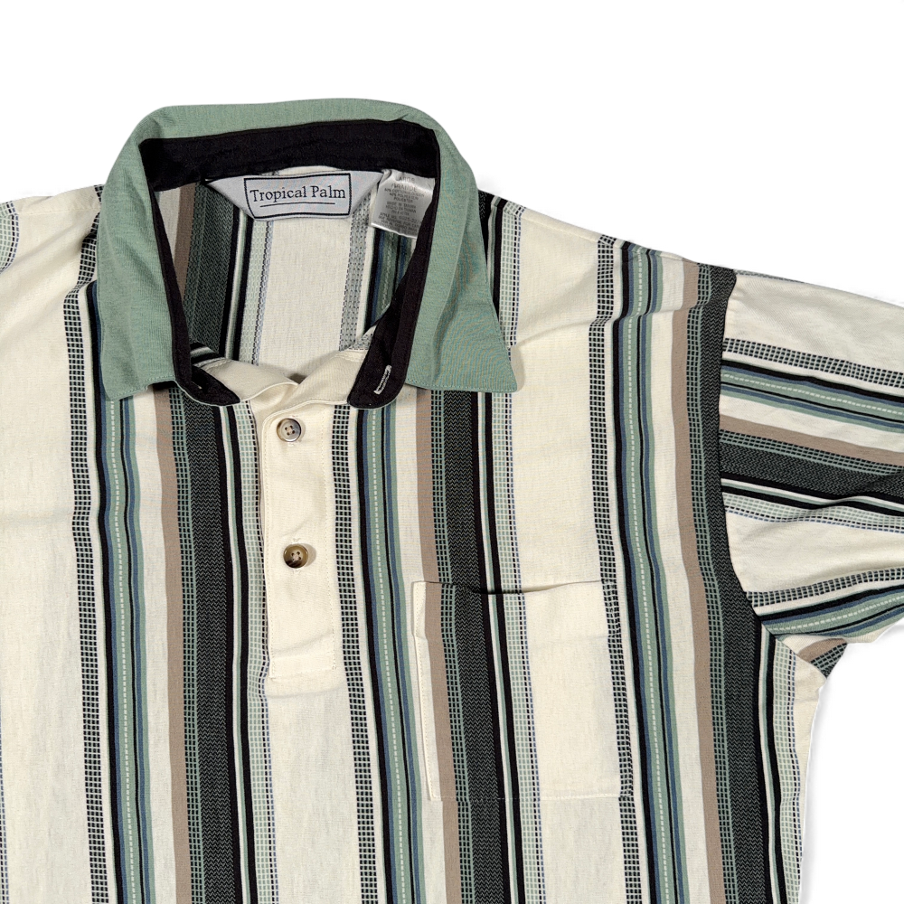 Vintage Tropical Palm Polo Shirt Adult LARGE White Black Green Striped 90s-2 Vintage Tropical Palm Polo Shirt Adult LARGE White Black Green Striped 90s