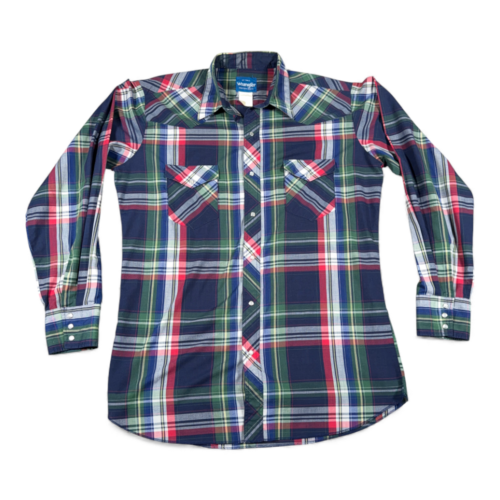 Vintage Wrangler Western Shirt Adult LARGE TALL Blue Green Plaid Pearl Snap 90s